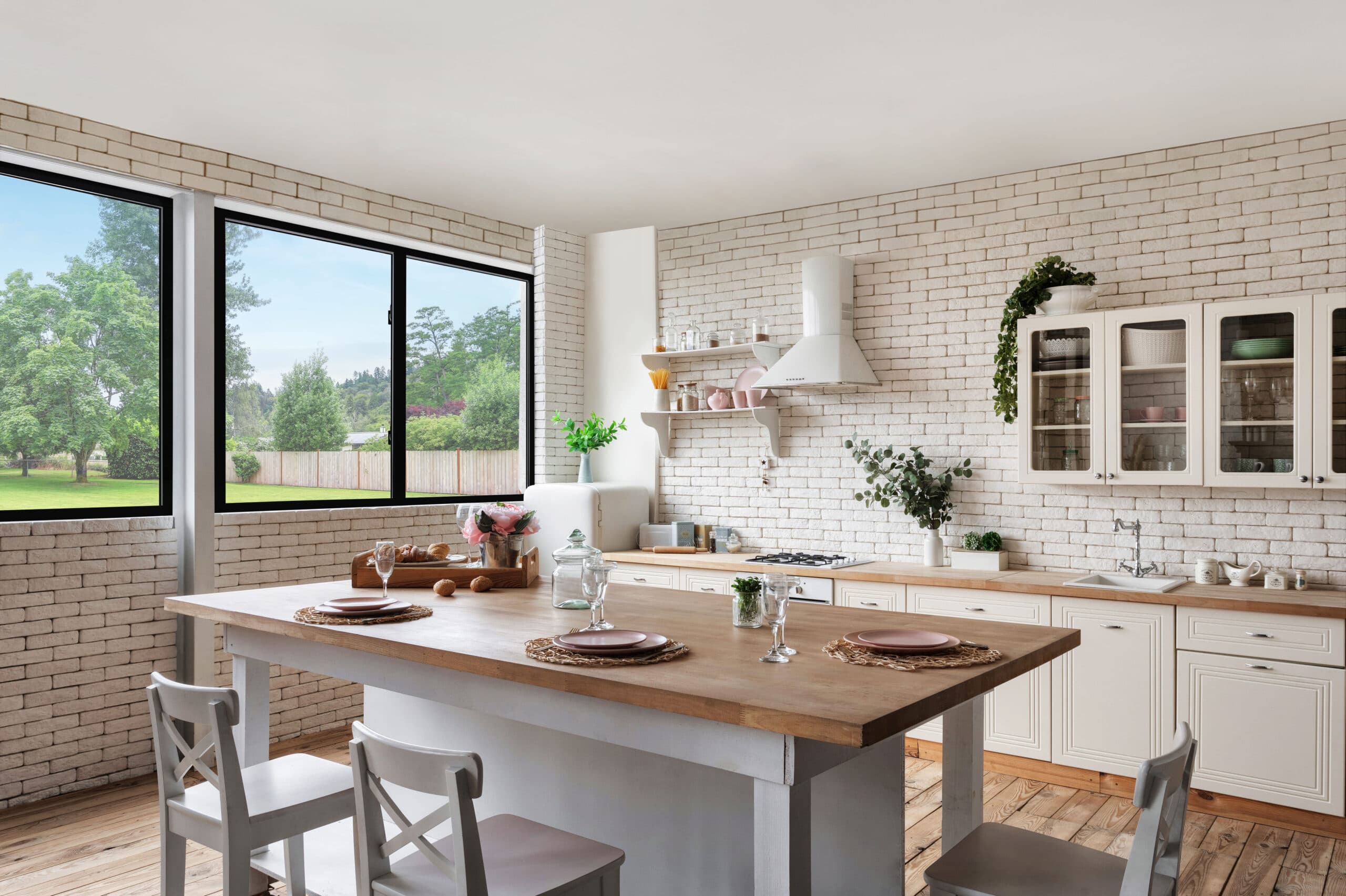 Black-frame Anlin windows overlooking a backyard from a bright kitchen